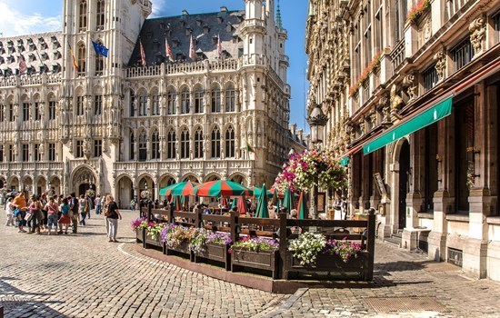 A terrace in the sun on the Grand Place in Brussels