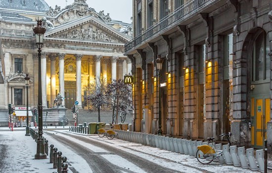 Brussels stock exchange on a snowy winter day
